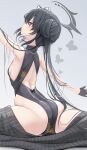  1girl ass back black_dress black_eyes black_gloves black_hair blue_archive breasts china_dress chinese_clothes dress from_behind genek gloves halo highres kisaki_(blue_archive) long_hair looking_away looking_up sideboob sitting small_breasts solo twintails 