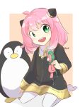  1girl anya_(spy_x_family) bangs bird commentary_request green_eyes long_sleeves looking_at_viewer one-hour_drawing_challenge penguin pink_hair school_uniform short_hair solo spy_x_family stuffed_animal stuffed_toy thighhighs user_rtxp2877 white_thighhighs 