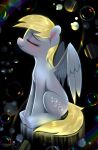  absurd_res blonde_hair bubble cutie_mark darksly-z derpy_hooves_(mlp) equid equine eyes_closed feathered_wings feathers female feral friendship_is_magic grey_body grey_feathers hair hasbro hi_res hooves mammal my_little_pony pegasus sitting smile spread_wings tail underhoof wings yellow_tail 