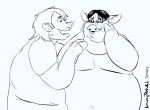  anthro belly big_belly black_and_white chubby_cheeks clothed clothing domestic_pig double_chin duo eyewear fingers glasses hair hand_on_cheek hooved_fingers hooves human human_to_anthro keweytanuki male mammal mid_transformation monochrome moobs obese obese_anthro obese_male open_mouth open_smile overweight overweight_anthro overweight_male smile species_transformation suid suina sus_(pig) transformation 