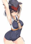  1girl arm_up armpits bangs bare_arms bare_legs bare_shoulders black_hair black_one-piece_swimsuit brown_eyes covered_navel cowboy_shot garrison_cap grey_headwear hair_between_eyes hat i-13_(kancolle) kantai_collection one-hour_drawing_challenge one-piece_swimsuit open_mouth sailor_collar school_swimsuit short_hair simple_background solo swimsuit takase_muh twitter_username white_background white_sailor_collar 