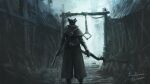  1other ambiguous_gender artist_name bloodborne brown_coat building coat copyright_name feet_out_of_frame gloves gun handgun hat highres holding holding_gun holding_weapon house hunter_(bloodborne) outdoors saw_cleaver solo tricorne tripdancer weapon 