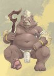  2023 anthro balls bear belly big_belly brown_body clothing genitals hat headgear headwear hi_res humanoid_hands kemono male mammal moobs navel nipples overweight overweight_male sitting solo taistone_tw 