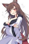  1girl animal_ears breasts brown_hair cleavage commentary_request e.o. highres imaizumi_kagerou long_hair looking_at_viewer medium_breasts open_mouth red_eyes solo touhou wolf_ears wolf_girl 