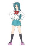  1girl absurdres black_socks blue_hair bow breasts brown_eyes chidori_kaname closed_mouth commentary_request full_body full_metal_panic! hands_on_hips highres jindai_high_school_uniform kneehighs long_hair looking_at_viewer low-tied_long_hair maru_sashi medium_breasts school_uniform shirt skirt smile socks solo white_background 