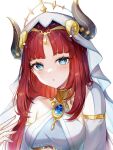  1girl :o bangs blue_eyes blue_gemstone breasts crop_top detached_sleeves fake_horns gem genshin_impact gold_trim harem_outfit highres horns light_blush long_hair long_sleeves looking_at_viewer nilou_(genshin_impact) open_mouth parted_bangs pudding_cream red_hair sidelocks simple_background small_breasts solo upper_body veil white_background white_headwear white_sleeves 