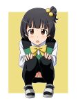  1girl bangs black_hair black_skirt black_thighhighs blush border bow bowtie brown_eyes check_commentary commentary_request cosplay female_child green_vest hair_bobbles hair_ornament hands_on_own_knees idolmaster idolmaster_million_live! legs lielos long_sleeves looking_at_viewer nakatani_iku open_mouth otonashi_kotori otonashi_kotori_(cosplay) panties panty_peek sandals shirt short_hair side_ponytail skirt solo squatting thighhighs thighs underwear v-shaped_eyebrows vest white_border white_footwear white_panties white_shirt yellow_background yellow_bow yellow_bowtie 