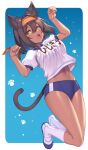  1girl animal_ears arms_up black_hair blue_buruma breasts buruma cat_ears cat_girl cat_tail check_copyright choker commission copyright_request crop_top crop_top_overhang dark-skinned_female dark_skin fang gym_uniform hairband kouzuki_tsubasa_(musou_kaidou) legs_up looking_at_viewer medium_breasts midriff navel open_mouth original paw_pose purple_choker ribbon_choker shirt shoes short_hair short_sleeves skeb_commission socks solo stomach tail thighs uwabaki white_shirt white_socks yellow_eyes 