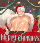  1boy abs bangs bara bare_pectorals beard body_markings bulge chest_hair christmas come_hither facial_hair hat highres hunterkay large_pectorals looking_at_viewer male_focus merry_christmas muscular muscular_male mustache nipples original pectorals santa_costume santa_hat seductive_smile short_hair smile solo spread_legs stomach swept_bangs undressing white_hair 