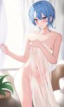  1girl absurdres bangs bare_shoulders blue_eyes blue_hair blush breasts collarbone highres hololive hoshimachi_suisei looking_at_viewer nail_polish naked_towel navel see-through shinigami_kiraki short_hair small_breasts smile solo star_(symbol) star_in_eye symbol_in_eye thighs towel virtual_youtuber 