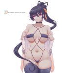  1girl absurdres bare_shoulders black_choker black_hair black_one-piece_swimsuit black_thighhighs breasts choker closed_mouth groin high_ponytail high_school_dxd highres himejima_akeno large_breasts long_hair melowh navel one-piece_swimsuit open_clothes open_shirt purple_eyes revealing_clothes simple_background smile solo stomach swimsuit thighhighs very_long_hair white_background 