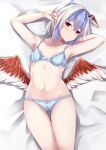  1girl arm_behind_head arm_up armpits bangs bare_arms bare_shoulders bed_sheet blue_bra blue_hair blue_panties bow bow_bra bow_panties bra breasts closed_mouth collarbone commentary_request grey_hair hair_between_eyes hand_up head_wings highres horns kashiwagi_yamine looking_at_viewer low_wings lying multicolored_hair navel on_back panties red_eyes red_wings small_breasts solo tokiko_(touhou) touhou two-tone_hair underwear underwear_only white_wings wings 
