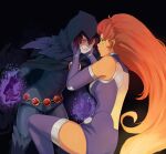  2girls bare_shoulders black_cape black_gloves breasts brown_background cape crying dc_comics elbow_gloves eye_contact fangs gloves gradient_background green_eyes hair_between_eyes highres hiwonoafu hood hood_up large_breasts long_hair looking_at_another magic multiple_girls orange_hair purple_gloves raven_(dc) red_eyes red_hair short_hair starfire tears teen_titans teeth thighhighs 