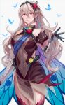  1girl absurdres bangs bare_shoulders breasts bug butterfly corrin_(female)_(fire_emblem) corrin_(fire_emblem) covered_navel cowboy_shot dress elbow_gloves fire_emblem fire_emblem_fates fire_emblem_heroes flower gloves gradient_clothes grey_hair grin hairband highres long_hair medium_breasts official_alternate_costume panty_straps pointy_ears red_eyes rose see-through simple_background sleeveless sleeveless_dress smile sobasakuhin solo thighhighs thorns turtleneck white_background 