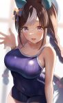  1girl absurdres braid breasts brown_hair covered_navel ear_covers highres hokko_tarumae_(umamusume) horse_girl large_breasts long_hair looking_at_viewer multicolored_hair one-piece_swimsuit open_mouth purple_eyes ray_mil68 smile solo streaked_hair swimsuit tracen_swimsuit twin_braids umamusume white_hair 