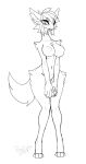  2019 anthro areola big_areola big_breasts big_ears big_fingers big_nipples blush blush_lines breasts digitigrade female fluffy fluffy_tail front_view hair hi_res inverted_nipples long_legs long_neck looking_at_viewer monochrome nipples nude_female proxicute short_hair slim small_waist solo tail tiny_waist tuft unknown_species wide_hips 