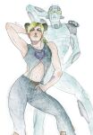  1girl 1other abs arm_behind_head black_hair braid breasts butterfly_tattoo commentary contrapposto double_bun green_hair green_nails hair_bun hand_in_pocket highres jojo_no_kimyou_na_bouken kujo_jolyne midriff mm_jjba multicolored_hair navel signature single_braid small_breasts smile stand_(jojo) stone_free stone_ocean tattoo toned twitter_username two-tone_hair v-shaped_eyebrows 