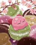  :o blurry blurry_foreground blush blush_stickers branch cherry_blossoms closed_eyes commentary_request depth_of_field flower food highres kirby kirby_(series) lying macaron miclot no_humans on_back open_mouth petals pink_flower sleeping sparkle 