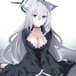  1girl animal_ear_fluff animal_ears bangs black_choker black_dress blue_archive blue_eyes blush breasts choker cleavage dress eko extra_ears grey_hair halo highres large_breasts long_hair looking_at_viewer mismatched_pupils shiroko_(blue_archive) simple_background solo wolf_ears 