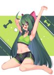  :d ahoge armpits arms_up bare_arms bare_legs bare_shoulders barefoot black-framed_eyewear black_shorts bow check_copyright commission copyright_request crop_top dolphin_shorts drawstring feet glasses green_hair green_sports_bra hair_bow half_updo kouzuki_tsubasa_(musou_kaidou) long_hair looking_at_viewer midriff navel open_mouth phantasy_star phantasy_star_online_2 pink_eyes round_eyewear short_shorts shorts sitting skeb_commission sleeveless smile sports_bra stomach thighs very_long_hair wariza 