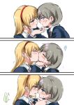  2girls blazer blonde_hair blue_jacket blush collared_shirt hair_behind_ear hairband hand_on_another&#039;s_chin heanna_sumire jacket kiss long_hair love_live! love_live!_superstar!! multiple_girls neck_ribbon red_hairband red_ribbon ribbon school_uniform shirt short_hair sketch speech_bubble sweatdrop tang_keke translation_request unya white_shirt yuigaoka_school_uniform yuri 