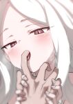  1boy 1girl ahoge blue_archive blush commentary finger_sucking hand_grab highres hina_(blue_archive) hitotose_rin long_hair looking_at_hand pov pov_hands purple_eyes saliva shirt solo_focus sweat tongue tongue_out white_hair white_shirt 