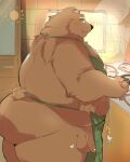  0119_muu 2023 anthro apron balls bear belly big_belly big_butt blush brown_body butt clothing cooking flaccid genitals hi_res kemono kitchen male mammal overweight overweight_male penis solo 