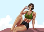  1girl abs absurdres arm_up avatar_legends benjicomix bottle breasts brown_hair collarbone dark-skinned_female dark_skin drinking eyelashes highres korra leg_up looking_at_viewer medium_breasts muscular muscular_female shadow short_hair sitting sky sports_bra sweat the_legend_of_korra thick_thighs thighs water_bottle 