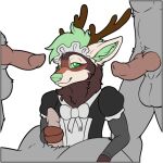  anthro antlers brown_body cervine clothing deer fur genitals green_eyes horn maid_uniform mammal mane penis symrea telegram_sticker uniform 