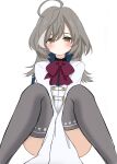  1girl ahoge animal_print assault_lily bangs between_legs blush buttons closed_mouth commentary_request feet_out_of_frame grey_hair grey_thighhighs hair_between_eyes hand_between_legs herensuge_girls_academy_school_uniform highres jacket knees_up long_hair long_sleeves multicolored_hair print_thighhighs rabbit_print sasaki_ran school_uniform simple_background sitting sleeves_past_fingers sleeves_past_wrists solo streaked_hair thighhighs ueda_(ueeeeeeeee1006) white_background white_jacket yellow_eyes 