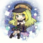  1girl alina_gray aqua_eyes black_bow black_footwear black_headwear black_vest blonde_hair blush bow chain chibi collar detached_collar doppel_(madoka_magica) fishnet_thighhighs fishnets full_body fur-trimmed_thighhighs green_hair hand_to_own_mouth hat long_hair looking_at_viewer magia_record:_mahou_shoujo_madoka_magica_gaiden magical_girl mahou_shoujo_madoka_magica multicolored_clothes multicolored_hair multicolored_skirt old_dorothy peaked_cap pleated_skirt puffy_short_sleeves puffy_sleeves short_sleeves sidelocks skirt smile solo streaked_hair striped striped_skirt suzukkyu thighhighs v-neck vertical-striped_skirt vertical_stripes vest waist_bow white_collar 