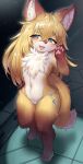  absurd_res anthro blue_eyes blush canid canine clothed clothing female fox healingpit hi_res looking_at_viewer mammal open_mouth solo swimwear tail tongue tongue_out white_body yellow_body 