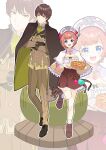  1boy 1girl :d atelier_(series) atelier_rorona black_cape blue_eyes blush boots breasts brown_footwear brown_hair brown_jacket brown_pants cape capelet closed_mouth crossed_arms dress earl23491195 food formal full_body hat height_difference highres holding holding_plate jacket long_sleeves looking_at_viewer medium_breasts necktie open_mouth pants pie plate rororina_fryxell shirt short_hair smile standing sterkenburg_cranach suit white_capelet white_shirt 