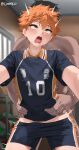  2boys ahoge clothes_pull dark-skinned_male dark_skin haikyuu!! highres hinata_shouyou jjw1029 karasuno_volleyball_uniform male_focus multiple_boys numbers&#039;_uniform open_mouth orange_eyes orange_hair pants pants_pull saliva sex sex_from_behind short_hair short_sleeves shorts sportswear tears tongue tongue_out volleyball_uniform yaoi 