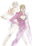  1boy 1other blonde_hair braid brooch bug cleavage_cutout clothing_cutout commentary giorno_giovanna gold_experience green_eyes hand_on_hip highres jewelry jojo_no_kimyou_na_bouken ladybug male_focus mm_jjba pectorals signature single_braid stand_(jojo) twitter_username vento_aureo 
