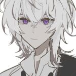  1boy black_necktie closed_mouth collar_x_malice collared_shirt grey_hair looking_at_viewer male_focus multicolored_hair necktie okazaki_kei purple_eyes shirt short_hair sketch smile solo w047 white_background white_hair white_shirt 