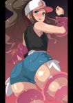  1girl aqua_eyes baseball_cap black_vest black_wristband blush brown_hair cameltoe chirashi_(so) commentary_request eyelashes hat high_ponytail highres hilda_(pokemon) holding long_hair looking_back open_mouth pokemon pokemon_(game) pokemon_bw shiny_skin shirt short_shorts shorts sidelocks sleeveless sleeveless_shirt slime_(substance) solo sweat tentacles vest white_headwear white_shirt wristband 