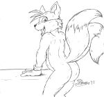  2017 2_tails anthro butt canid canine clothing ears_up fangs fox fur gloves gloves_only hair hand_on_counter handwear handwear_only hi_res looking_at_viewer looking_back male mammal marcushunter miles_prower mostly_nude multi_tail nude raised_tail sega signature smile smiling_at_viewer solo sonic_the_hedgehog_(series) standing tail teeth tongue wide_eyed 