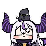  1girl bangs blush braid chibi closed_eyes crow_(la+_darknesss) demon_girl demon_horns demon_tail grey_hair hair_between_eyes hololive horns jazz_jack la+_darknesss long_hair lowres multicolored_hair pointy_ears purple_hair streaked_hair striped_horns tail virtual_youtuber 