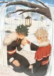  2boys absurdres bakugou_katsuki blonde_hair blush boku_no_hero_academia branch candle closed_eyes closed_mouth commentary day english_commentary freckles fur_trim green_hair highres holding_hands jewelry katsubel kiss kissing_hand lantern long_sleeves male_focus midoriya_izuku multiple_boys official_alternate_costume outdoors ring short_hair sitting snowing spiked_hair twitter_username yaoi 