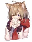  1girl :3 animal_ear_fluff animal_ears cat_ears cat_girl coat eating fang food holding holding_food long_hair original purple_eyes red_scarf scarf shugao white_coat 