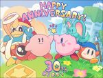  ;d anniversary bandana bandana_waddle_dee blue_bandana blue_eyes blue_sky blush blush_stickers bright_pupils brown_eyes building closed_mouth cloud day elfilin flower fur-trimmed_jacket fur_trim grass hammer hat high_five holding holding_hammer holding_polearm holding_weapon hone_(sky_cubes) jacket king_dedede kirby kirby&#039;s_dream_land kirby_(series) kirby_and_the_forgotten_land no_humans one-eyed one_eye_closed open_clothes open_jacket open_mouth outdoors overgrown pink_flower polearm red_headwear red_jacket sky smile spear standing star_(symbol) star_block v waddle_doo weapon white_pupils yellow_flower 