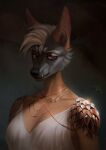  anthro artist_name black_nose brown_body brown_ears brown_fur bust_portrait canid clothed clothing eyelashes fangs female fur glistening glistening_eyes glistening_nose grey_body grey_fur hair hi_res looking_aside mammal marie_merkh mouth_closed narrowed_eyes portrait red_eyes short_hair shoulder_pads signature simple_background solo teeth white_clothing white_hair 