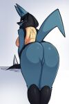 anthro biped black_body blue_body breasts butt ears_up eyelashes female frown generation_4_pokemon hi_res looking_back lucario nintendo pokemon pokemon_(species) raised_tail rear_view red_eyes saltyxodium simple_background solo tail tan_body 
