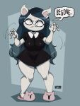  anthro breasts cartoon_hangover claire_(the_summoning) clothing cute_fangs dialogue domestic_cat dress english_text felid feline felis female hi_res joaoppereiraus looking_at_viewer mammal notched_ear pentagram slippers solo talking_to_viewer text the_summoning thick_thighs wide_hips 
