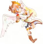  angel angel_wings atz6 bangs blue_eyes brown_hair full_body kid_icarus laurel_crown pit_(kid_icarus) simple_background white_background white_wings wings 