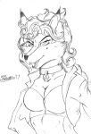  2017 anthro breasts canid canine carmelita_fox cleavage clothed clothing collar collar_tag ear_piercing ear_ring ear_tuft ears_up fangs female fox fur hair half-length_portrait hi_res jacket lipstick looking_at_viewer makeup mammal marcushunter markings mole_(marking) open_mouth piercing portrait ring_piercing signature sly_cooper_(series) smile smiling_at_viewer solo sony_corporation sony_interactive_entertainment sucker_punch_productions teeth tongue topwear tuft 