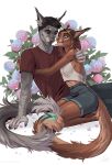  anthro artist_name black_hair blue_bottomwear blue_clothing blue_eyes blue_pants bottomwear brown_body brown_fur brown_hair clothed clothing duo ear_tuft female floral_background front_view fur grey_body grey_eyes grey_fur hair hi_res kneeling male marie_merkh mouth_closed narrowed_eyes pants red_clothing red_topwear romantic romantic_couple side_view signature sitting topwear tuft white_clothing white_topwear 