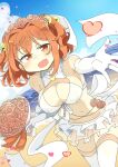  1girl bangs beach bell blue_sky blush brown_eyes brown_hair dress flower hair_flower hair_ornament heart jewelry looking_at_viewer matsu_kitsune motoori_kosuzu red_flower red_rose ring rose sky solo touhou two_side_up wedding wedding_dress wedding_ring 