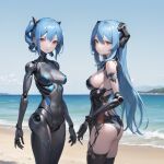  ai-generated beach blue_hair cyborg long_hair non-web_source robot siblings twins 